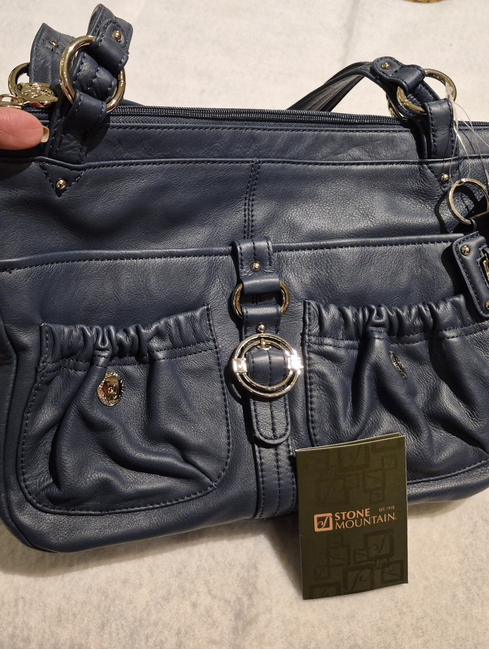 Vintage Stone Mountain Navy Leather Shoulder Bag with Silver-tone Accents NWT - Picture 2 of 11